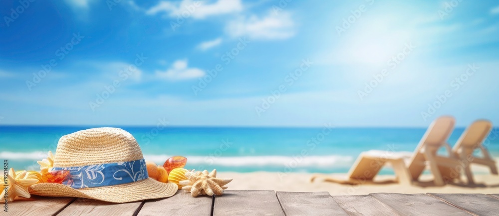 Summer tropical beach background with beach accessories on wooden, blue sky and sea in the background with copy space