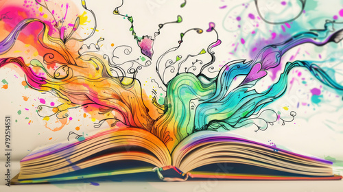 An open book with vibrant, colorful abstract illustrations bursting out of its pages, symbolizing imagination or creativity.