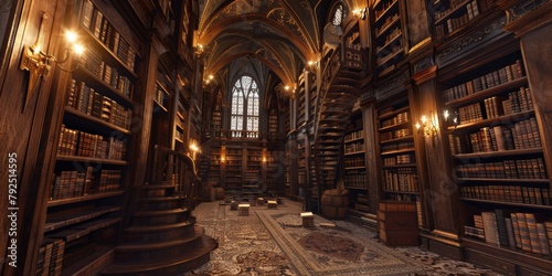 medieval castle librarytowering bookshelves in grand hall