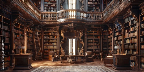 medieval castle librarytowering bookshelves interior scene painting