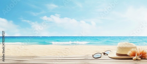 Summer tropical beach background with beach accessories on wooden, blue sky and sea in the background with copy space © Divine123victory