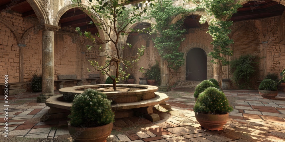 Medieval castle courtyardwell and stone walls - Historical architecture ...