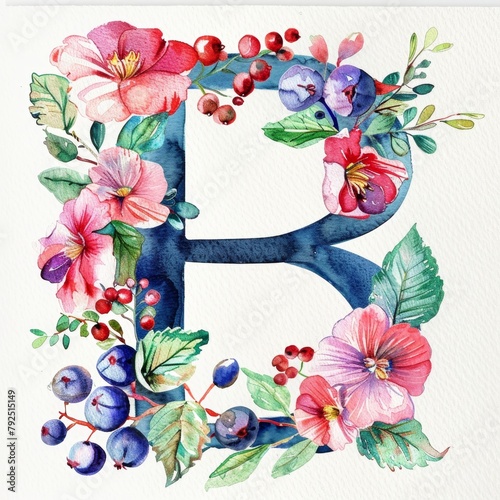 Watercolor letter B in flowers and berries on a white background. © Olga Troitskaja