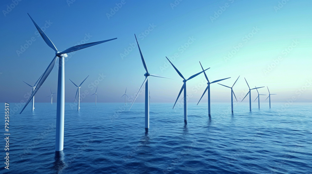 Offshore wind turbines against a calm blue ocean and clear sky at dawn