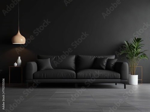 Black living room interior with sofa, minimalist interior background, 3d render