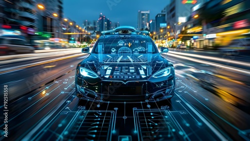 Advanced smart car tech with HUD autonomous driving sensors radar and city graphics. Concept Smart Car Technology, Heads-Up Display, Autonomous Driving Sensors, Radar Technology, City Graphics, © Ян Заболотний