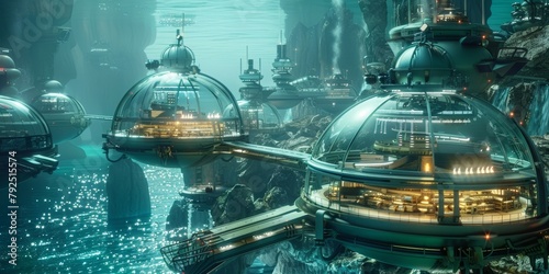 Futuristic Underwater Research FacilityTransparent Dome and Submarine Exploration