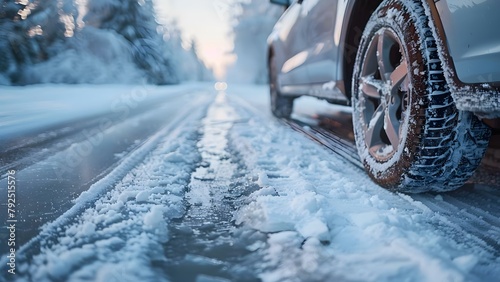Navigating an icy road in snowy conditions. Concept Winter Driving, Icy Roads, Snowy Weather, Safety Tips, Cold Weather Driving photo