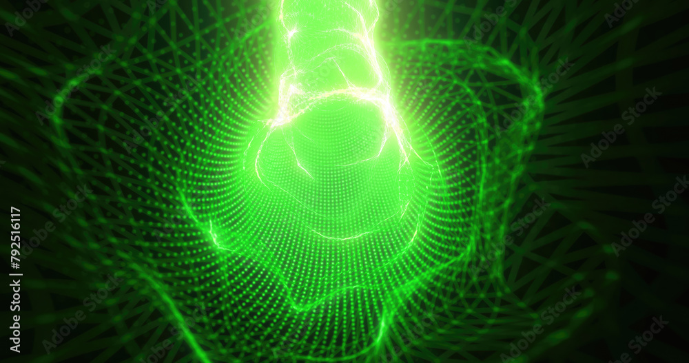 Green energy tunnel frame made of futuristic particles and lines of energy force field. Abstract background - obrazy, fototapety, plakaty 