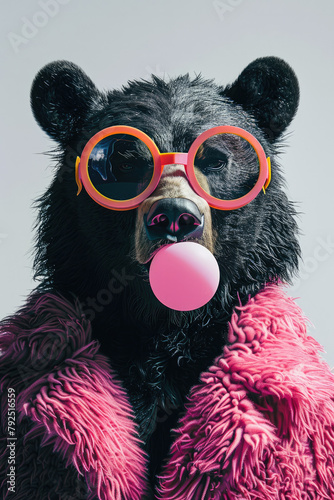 portrait of bear blowing bubble gum, wearing neon goggles white background