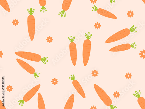 Wallpaper Mural Seamless pattern of carrot with green leaves and flower on orange background vector. Torontodigital.ca