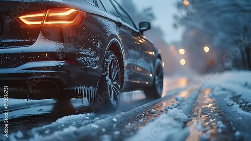 Car navigating icy road on a snowy street. Concept Winter Driving, Icy Roads, Car Safety, Snowy Commute, Hazardous Conditions photo