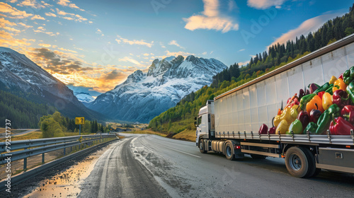Truck transporting colorful vegetables with mountain backdrop photo