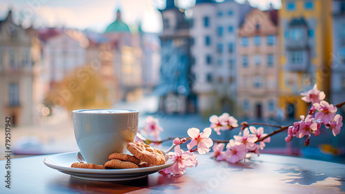 cup of coffee with milk and flowers in the city of prague