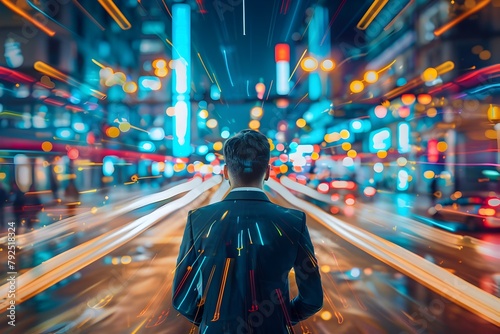 Vibrant Visuals of Businessman Improving Customer Services in Blurred City Nightscape