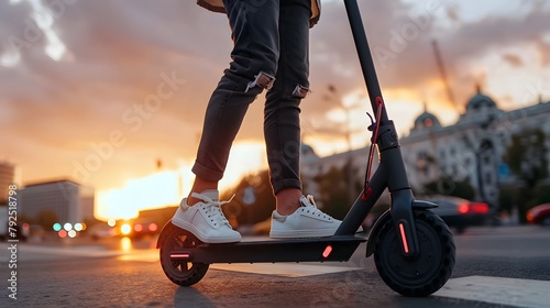 a person, Riding an electric scooter in the city