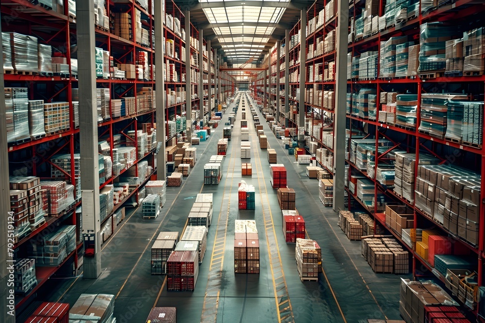 Expansive Warehouse Interior Showcasing Efficient Supply Chain Logistics and Smart Inventory Management