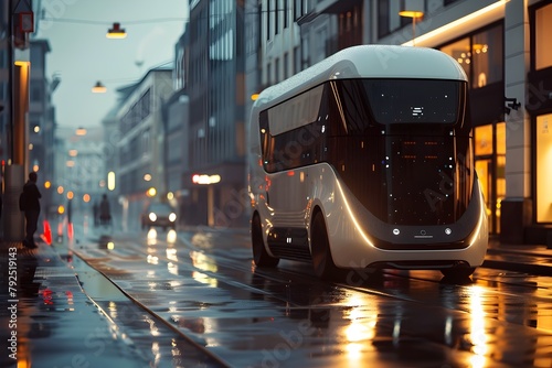 Automated Smart Logistics Vehicle Navigating Rainy Urban Cityscape at Night