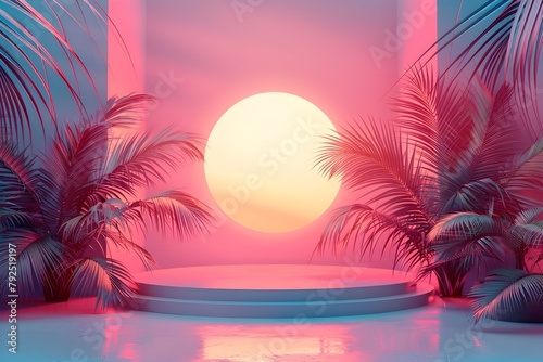 Enchanting Tropical Sunset Over Serene Beach with Swaying Palm Trees and Vibrant Sky