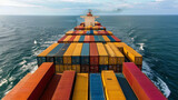 A cargo ship filled with colorful containers sails the open sea