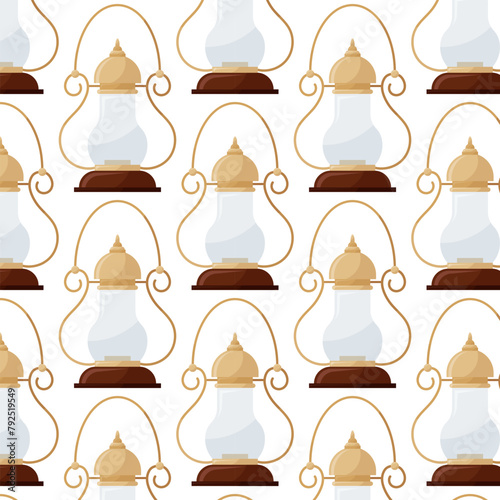 Oil or kerosene lamp. Vintage lamp in flat style. Seamless pattern for textile, wrapping paper, background.