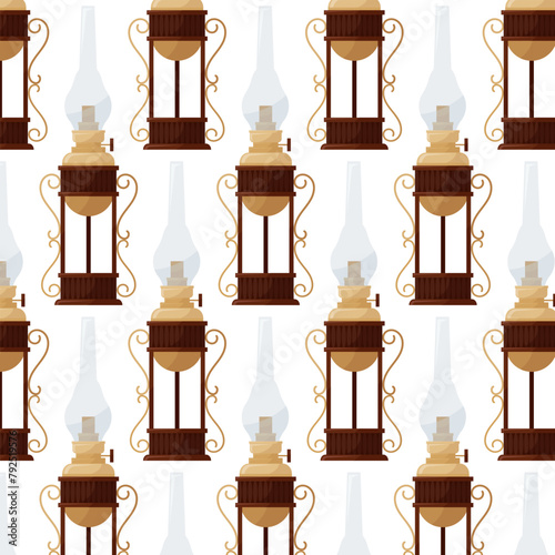Antique oil lamp. Vintage item in flat style. Pattern for textile, wrapping paper, background.	
