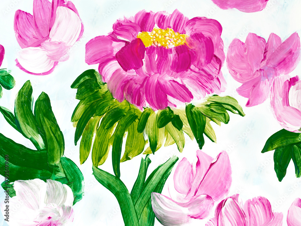 Pink abstract flowers, original hand drawn, impressionism style, color texture, brush strokes of paint, art background. - obrazy, fototapety, plakaty 
