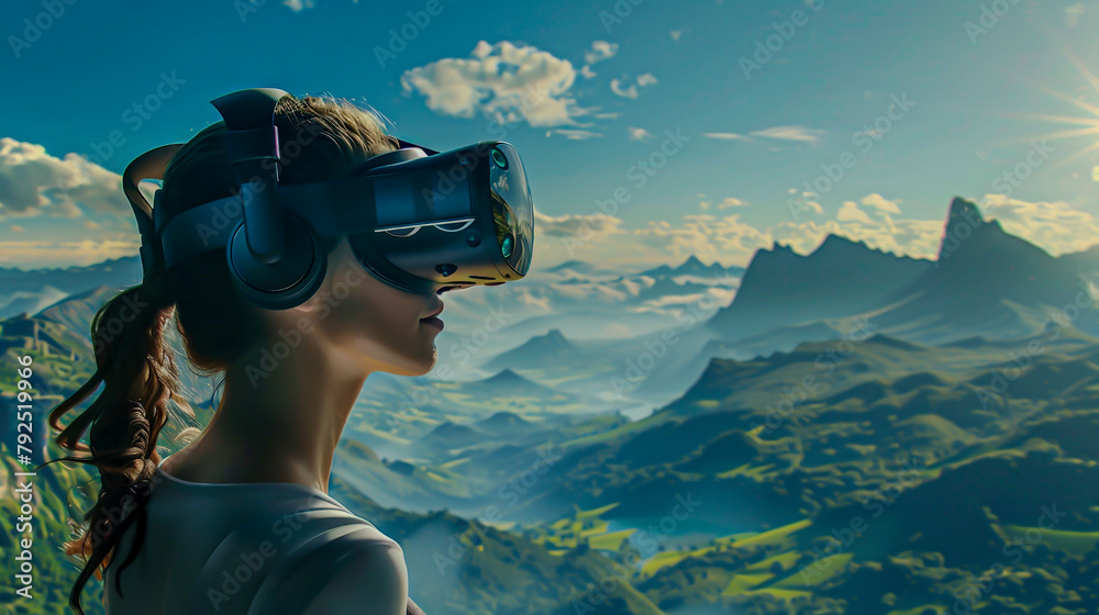 Woman Experiencing Virtual Reality Mountain Landscape