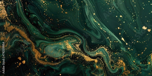 Green marble and gold abstract background texture. Dark green malachite with swirls of gold powder in a luxurious style.