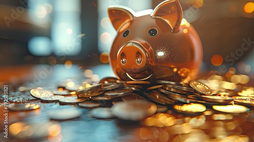 Piggy bank with coins spilling out photo