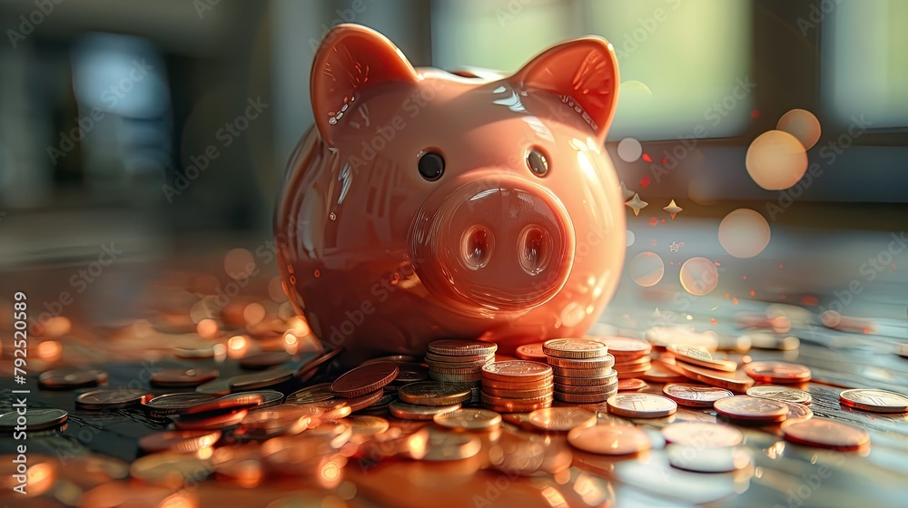 Piggy bank with coins spilling out - obrazy, fototapety, plakaty 