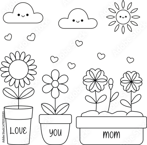 Kawaii pot of flower coloring page for kids, Love Mom, Mother's Day coloring page