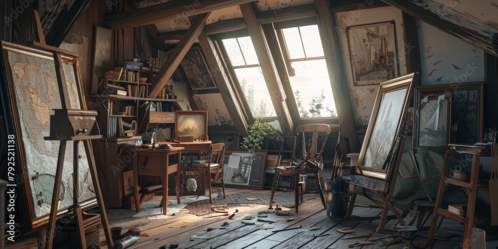 A Cozy Attic StudioScattered Paintbrushes - Creative Workspace Interior Concept