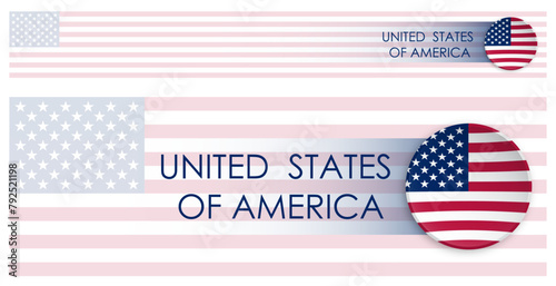 American flag horizontal web banner in modern neomorphism style. Webpage USA country header button for mobile application or internet site. Vector