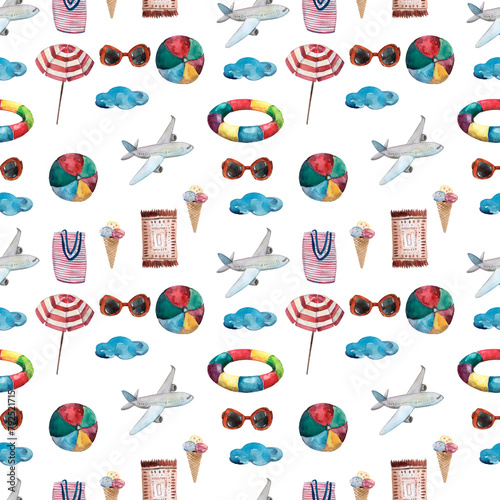 A pattern with items for a sea vacation,glasses,a ball,ice cream,a beach bag,slates,an inflatable circle. Watercolor seamless pattern highlighted on a white background	