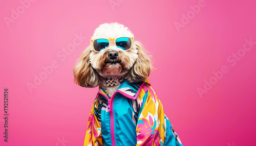 Cool dog with sunglasses wearing a colorful jacket. Generative ai design concept.