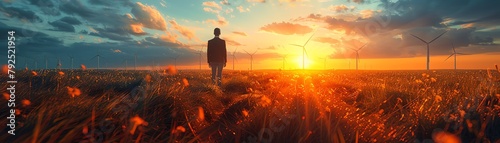 A businessman standing in a field of flowers at sunset with windmills in the distance. photo