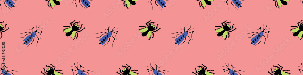 Vector seamless pattern of flies, mosquitoes. Annoying unpleasant insects harmful to humans. Bright background and texture for pest control