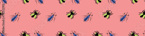 Vector seamless pattern of flies, mosquitoes. Annoying unpleasant insects harmful to humans. Bright background and texture for pest control