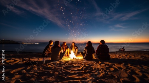 A close-knit group of people sitting around a crackling fire on a sandy beach  illuminated by the soft light of the moon