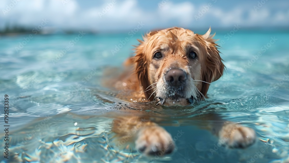 A joyful dog happily swimming and diving in a clear pool. Concept Pets, Swimming, Joy, Summer, Outdoors