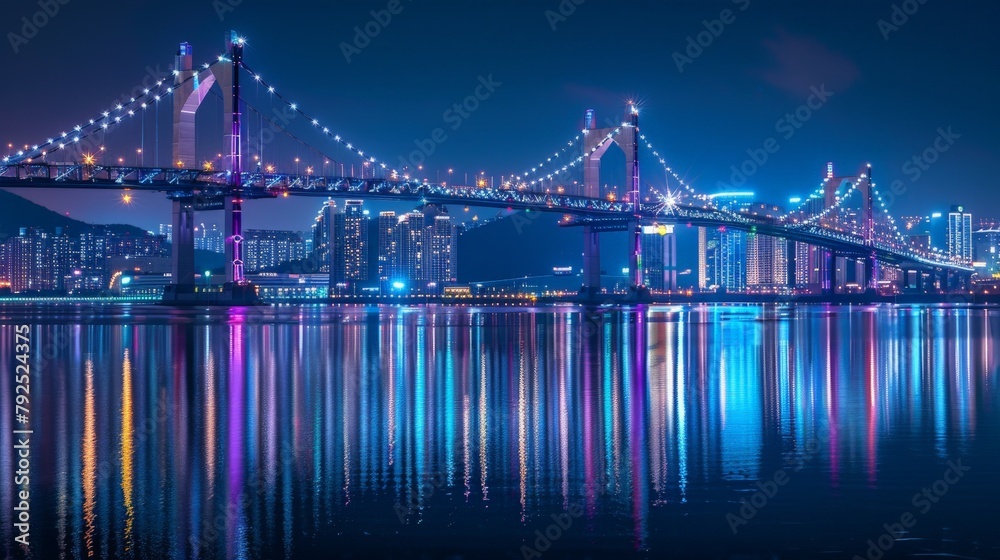 With the city asleep below, Gwangan Bridge remains awake, its lights casting a mesmerizing reflection upon the waters of Busan, South Korea, creating a scene of unparalleled wonder and beauty.