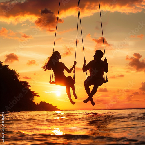 
romantic couple in love sitting together on rope swing at sunset beach, silhouettes of young man and woman on holidays or honeymoon