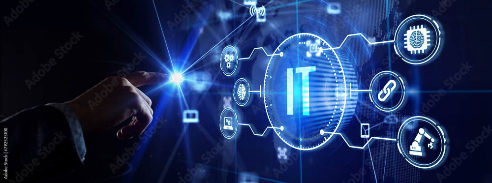 Naklejka premium IT consultant presenting tag cloud about information technology.