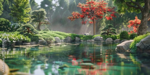 Japanese Garden Tranquil Pond Bonsai Nature Landscape Scenic Beauty Zen Serenity Peaceful Water Reflections.