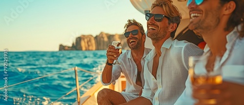 A group of pals enjoying themselves while floating the sea in a luxurious yacht, sipping cocktails and having a good time. photo
