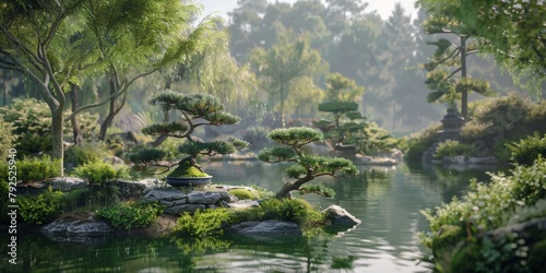 Tranquil Japanese GardenBonsai Trees and Reflecting Pond - Serene Nature Landscape