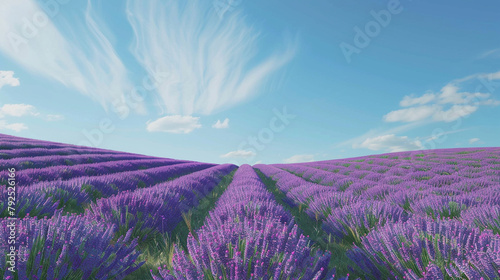 A sprawling lavender field under a blue sky with fluffy clouds  the rows of purple flowers creating a vibrant tapestry that stretches to the horizon.