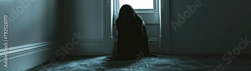 A ghost is sitting in the corner of a room. The ghost is wearing a black cloak and its head is down. The room is dark and dusty.