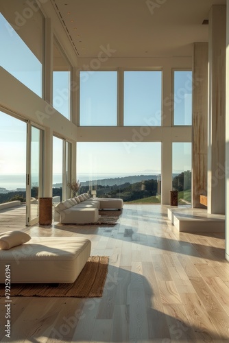A modern living room with a large glass window looking out onto the ocean. The room is furnished with a few large, comfortable sofas and chairs, and a coffee table. The floor is made of light wood, an © wasan